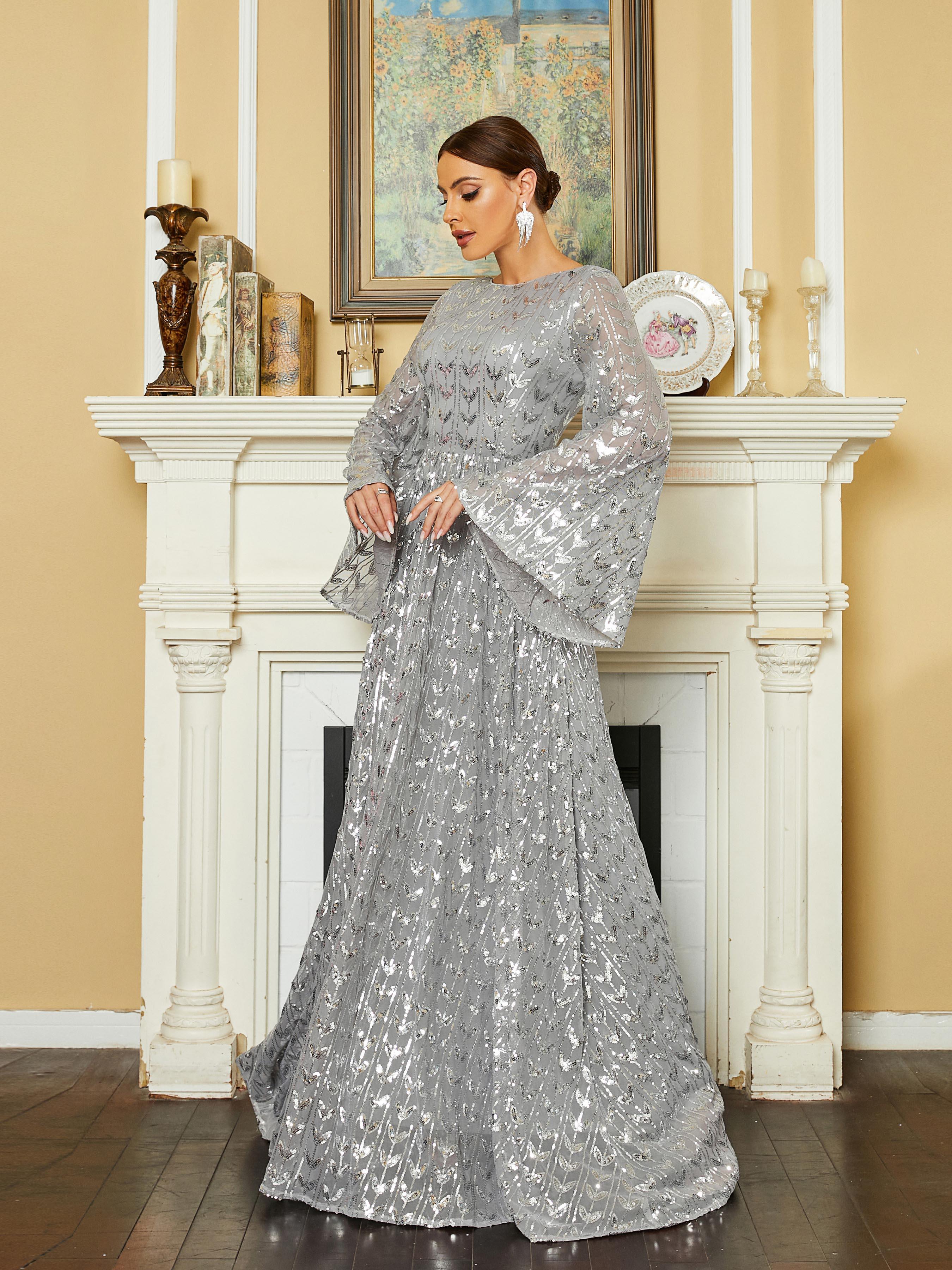 Silver Sequin Bell Sleeve Backless Maxi Evening Dress RM20603