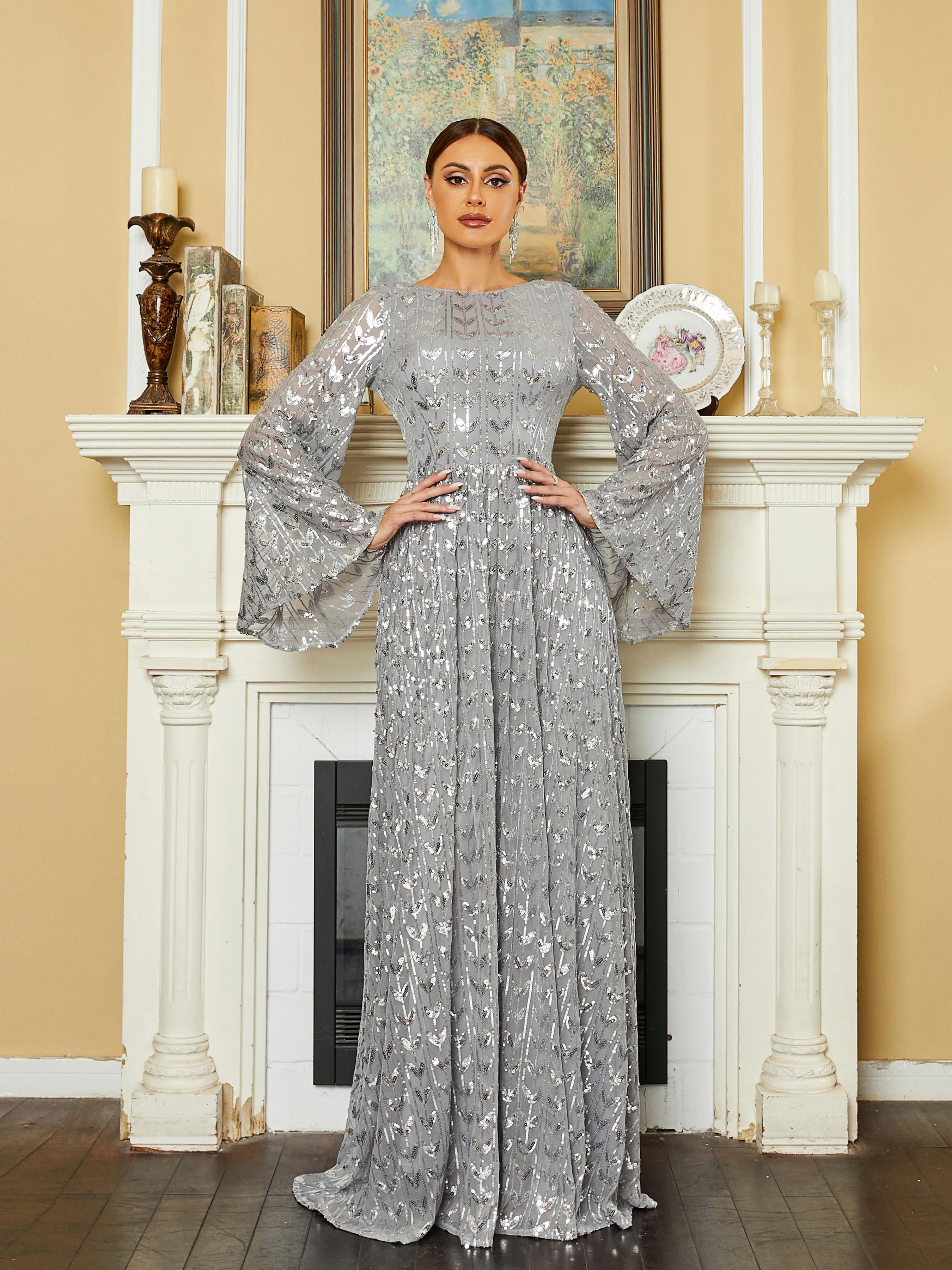 Silver Sequin Bell Sleeve Backless Maxi Evening Dress RM20603
