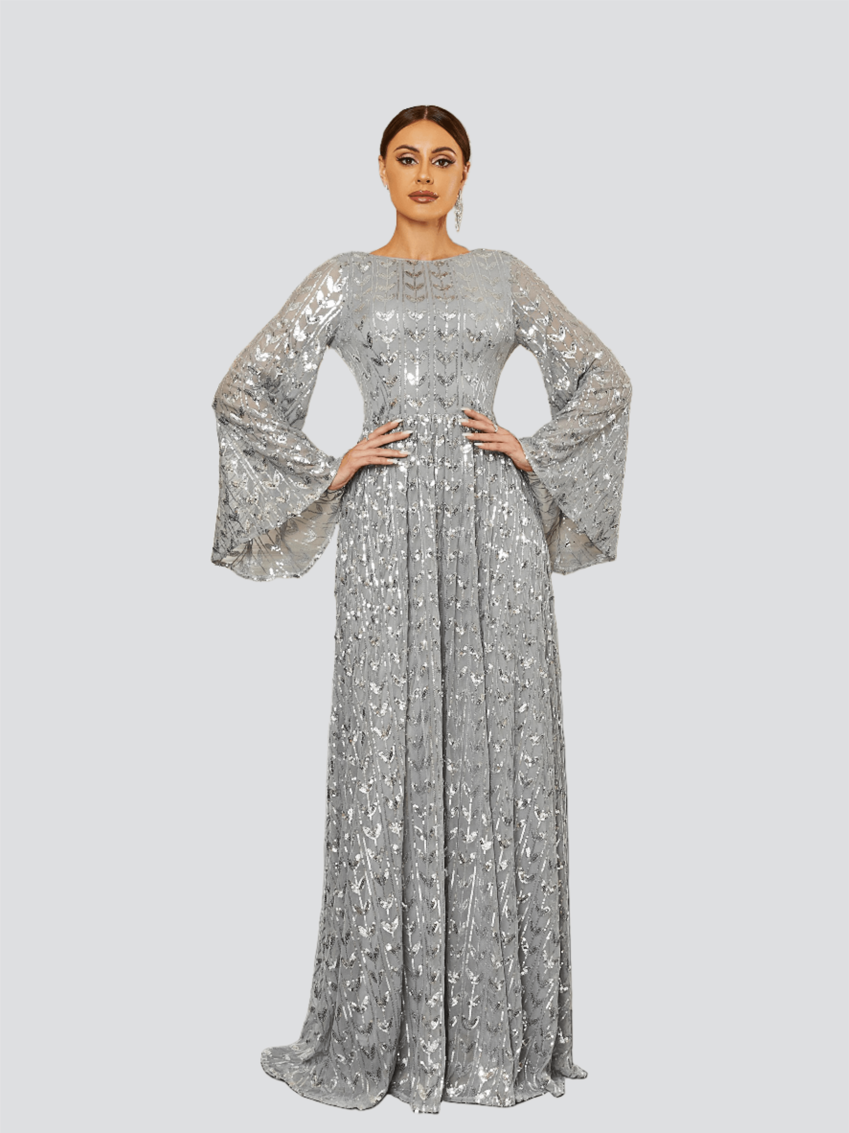 Silver Sequin Bell Sleeve Backless Maxi Evening Dress RM20603