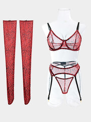 Mesh Leopard Print See-Through Sexy Lingerie 4 Piece Set MSL028