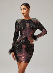 Feather Sleeve Contrast Black Sequin Mini Dress GM90013