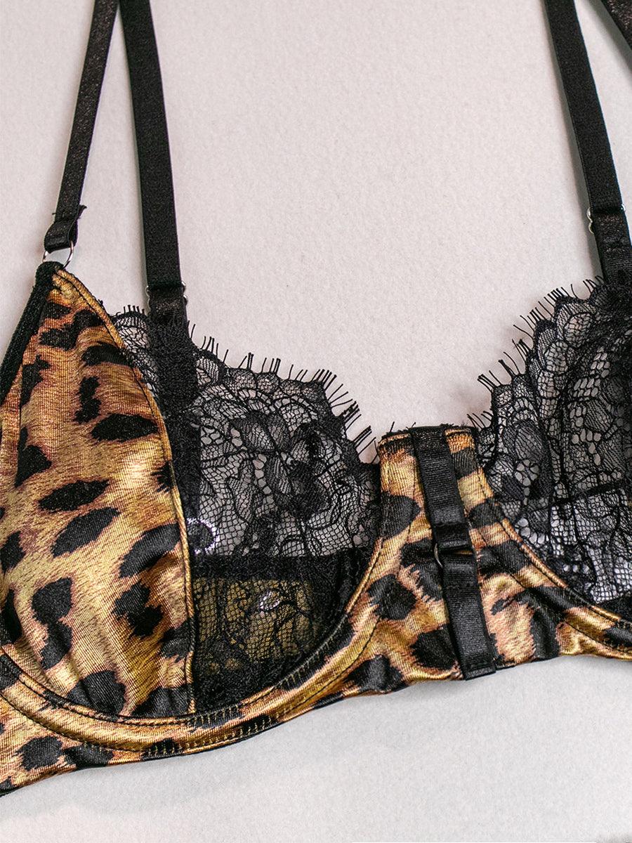 Stitched Leopard Print Sexy Lingerie 3 Piece Set MSL029