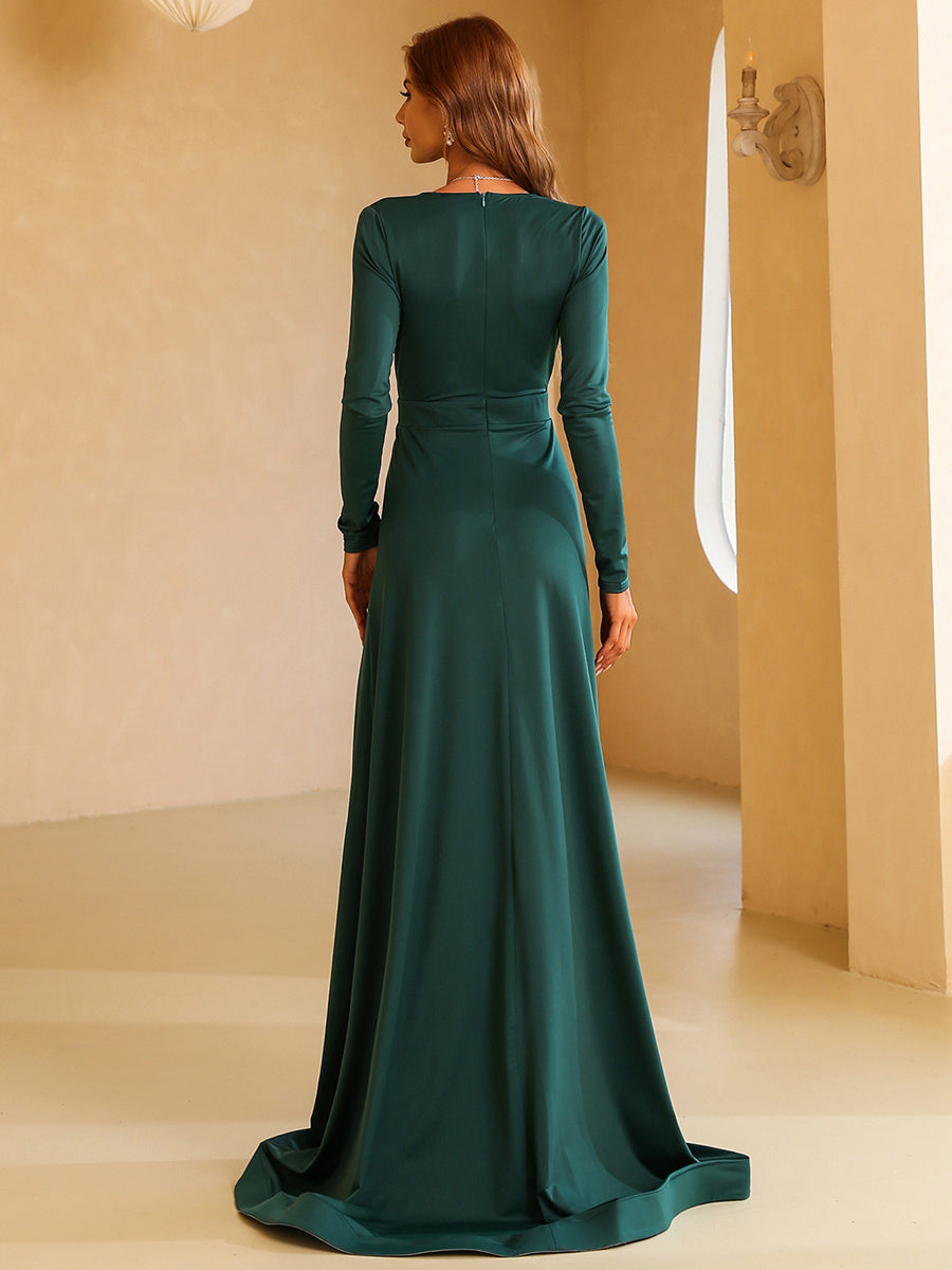 V Neck Long Sleeve A Line Maxi Evening Dress XH1221
