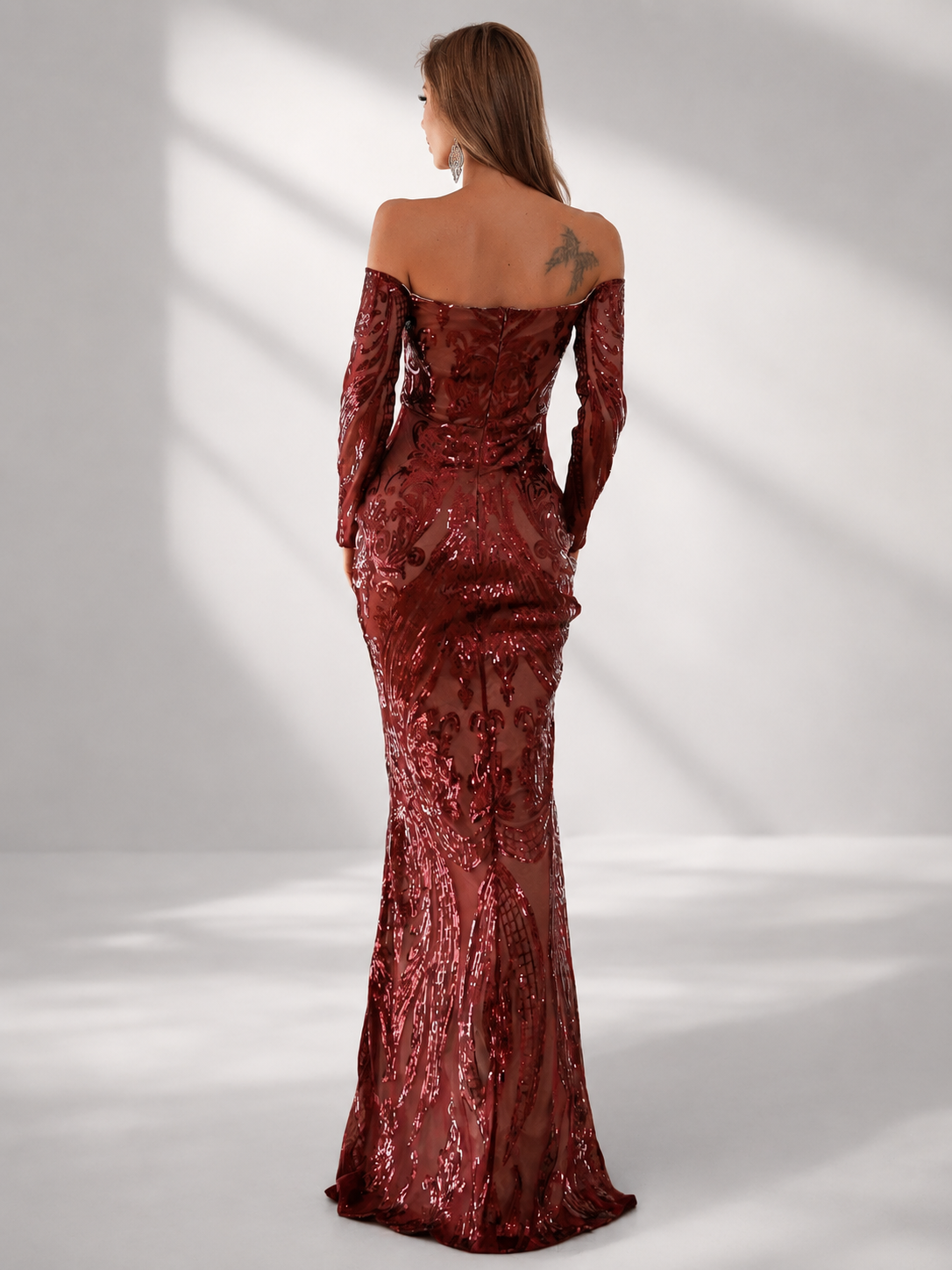Off Shoulder Long Sleeve Sequin Mermaid Prom Dress FT18392