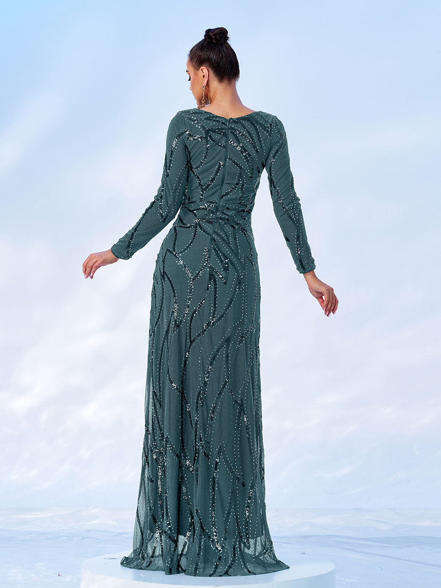 Long Sleeve Sequin A-Line Maxi Evening Dress XJ1962