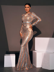 Backless Crew Neck Rosegold Sequin Dress RJ10456