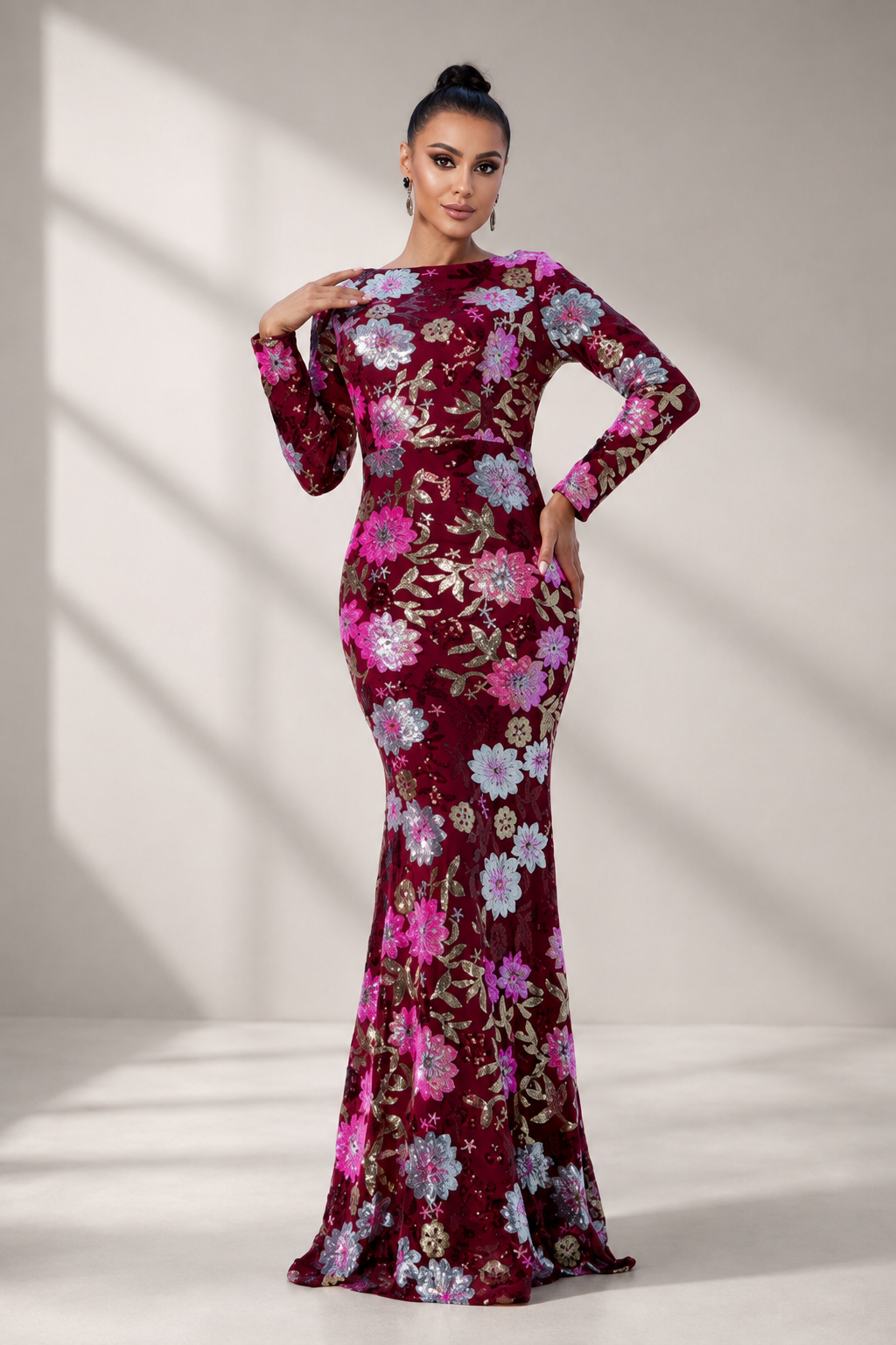 Crew Neck Floral Sequin Dress RJ10987