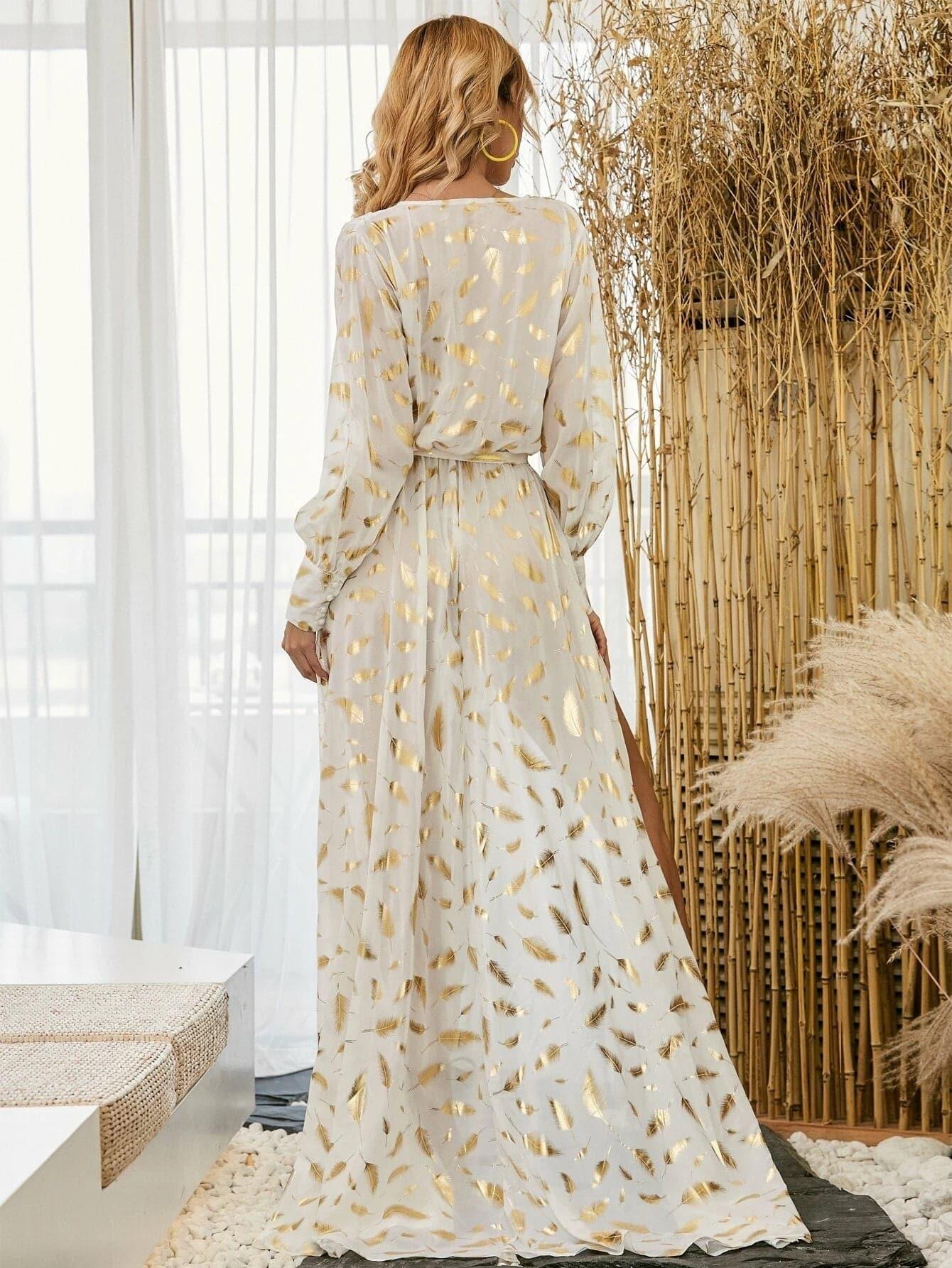 Surplice Neck Belted Split Thigh Gold Maxi Dress FT2858