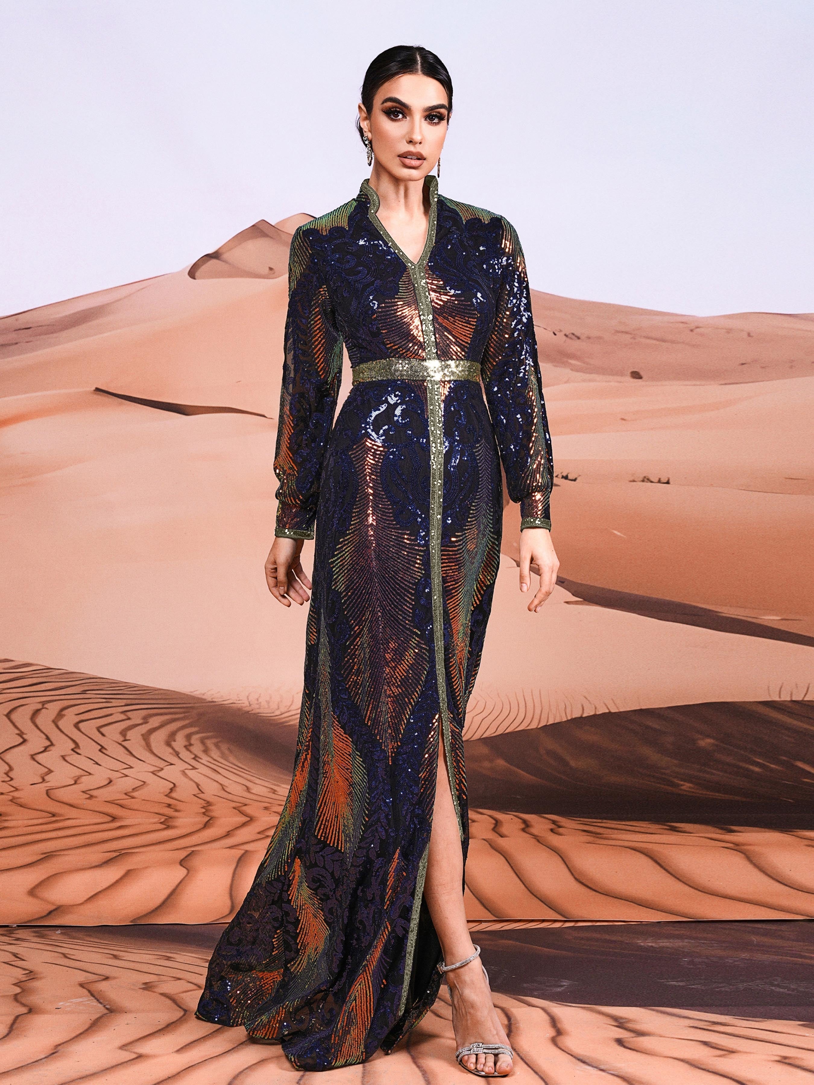 Stand Collar Cutout Sleeve Sequin Abaya Maxi Dress ME00330