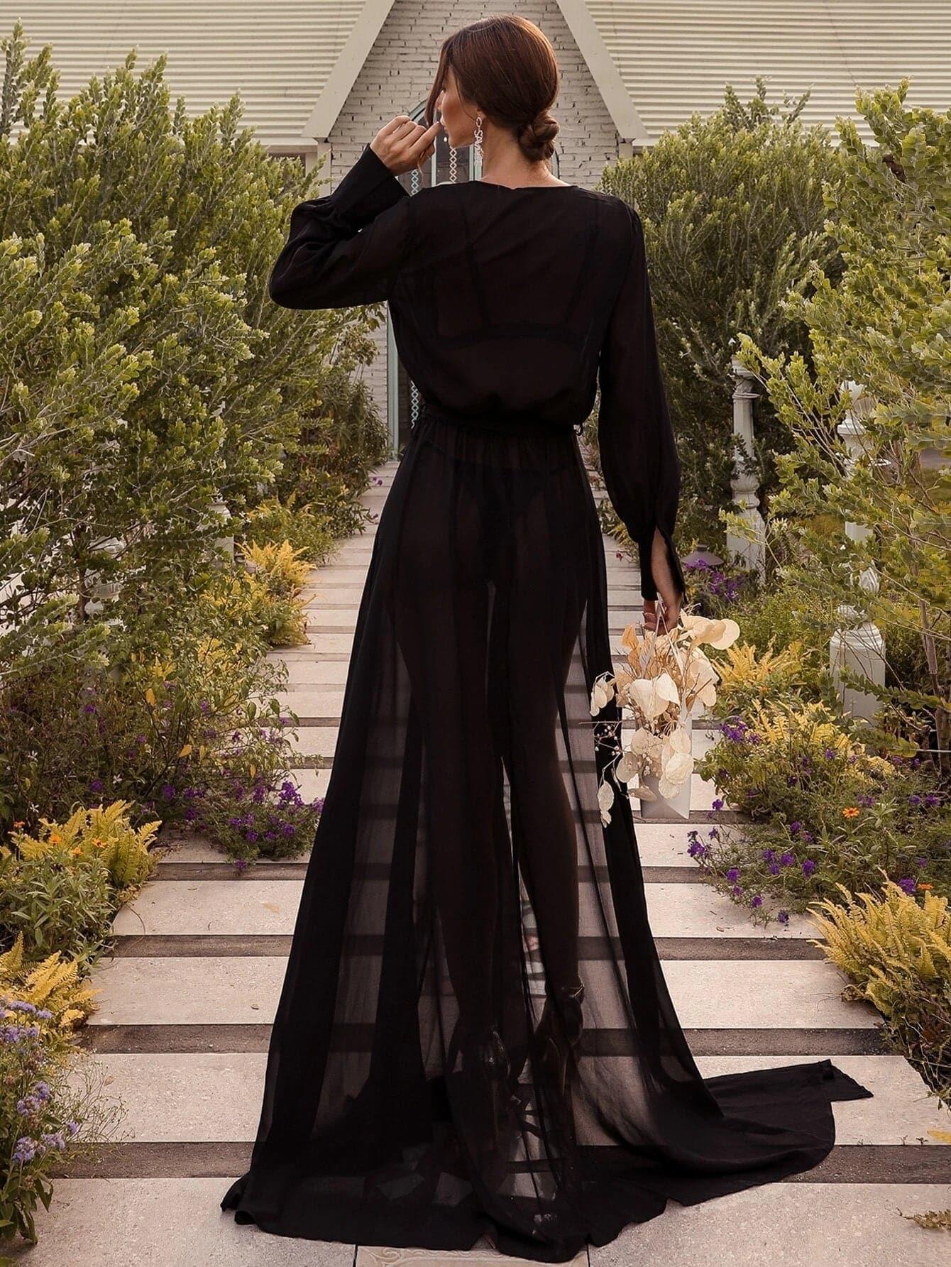 Surplice Neck Belted Split Thigh Gold Maxi Dress FT2858