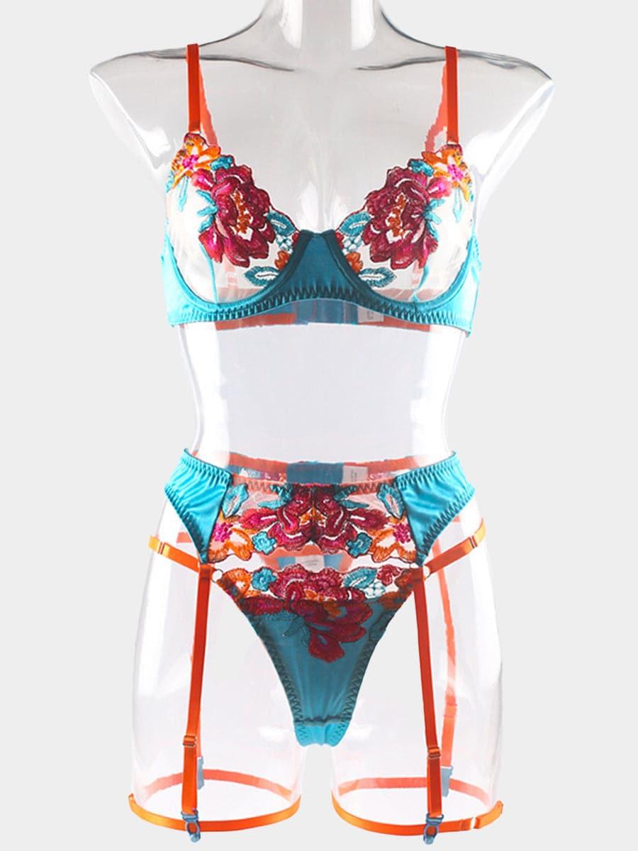 Satin Applique Underwire Lingerie 3 Piece Set MSL017