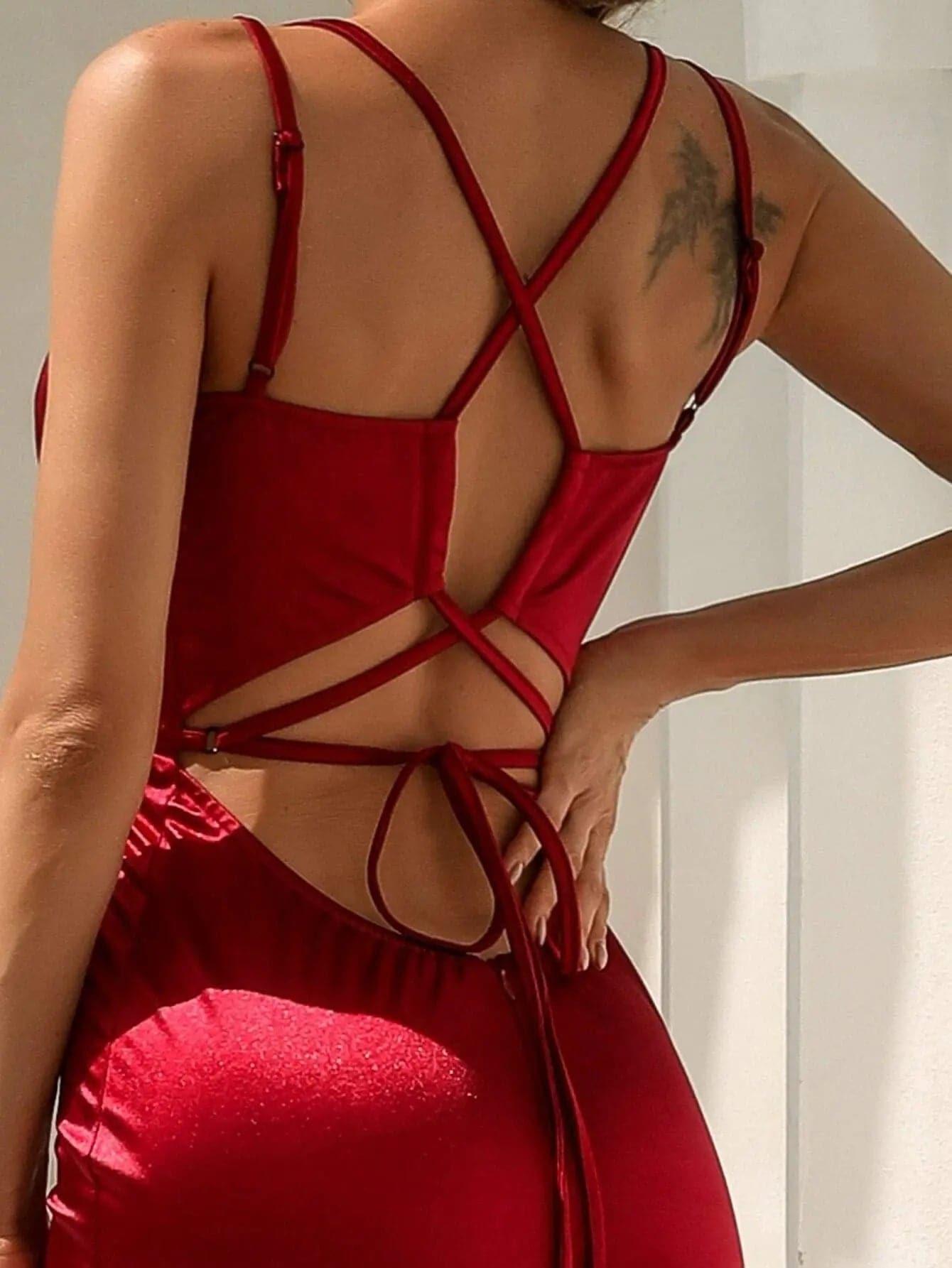 V Neck Spaghetti Strap Lace Up Satin Mermaid Evening Dress M01077