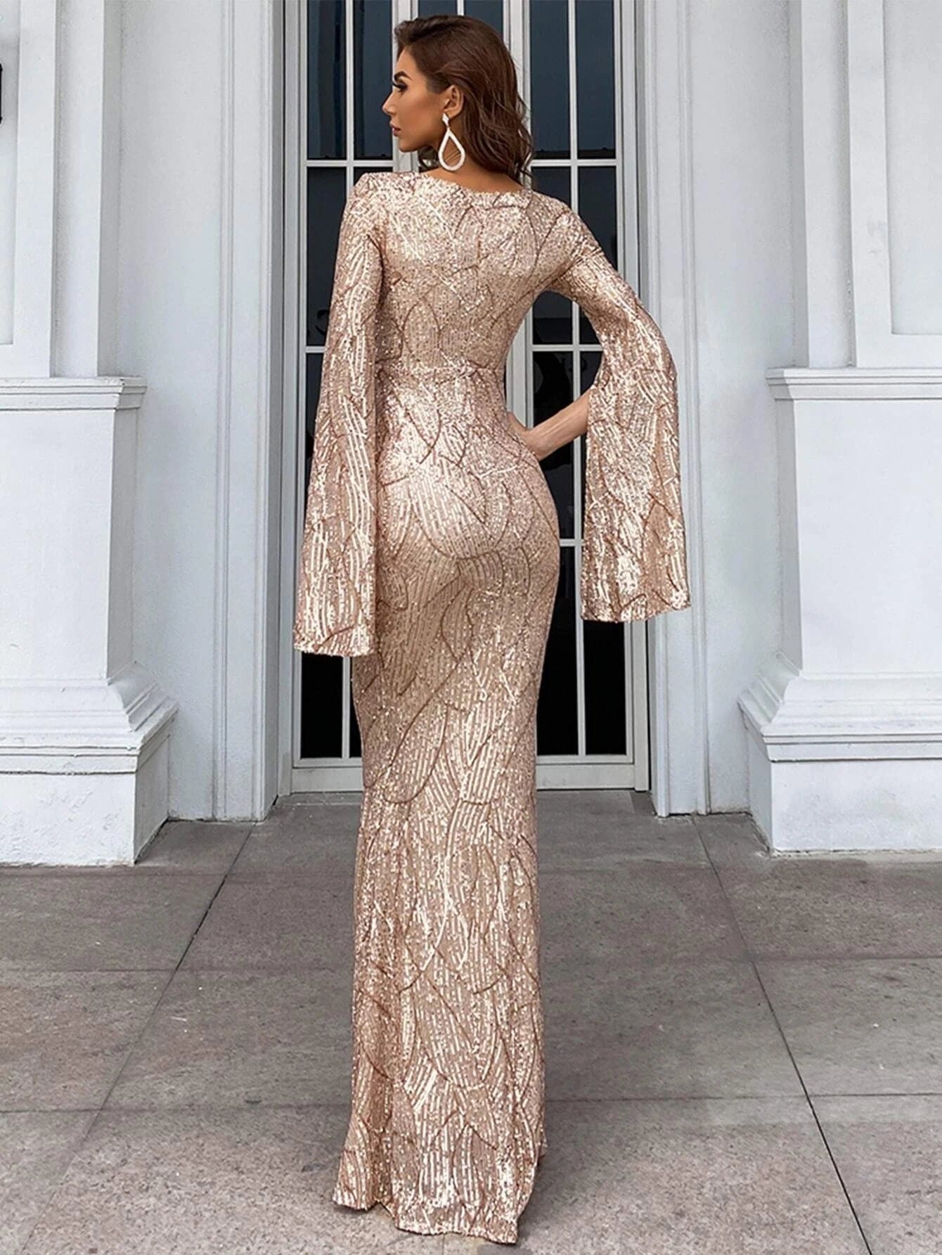 Split Sleeve Sequin Mermaid Prom Dress M01594