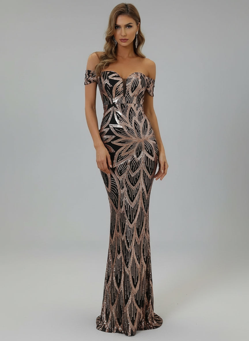 Off Shoulder Maxi Sequin Prom Dress M01507