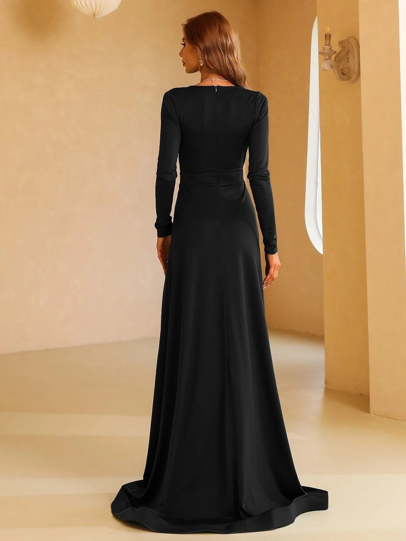 V Neck Long Sleeve A Line Maxi Evening Dress XH1221