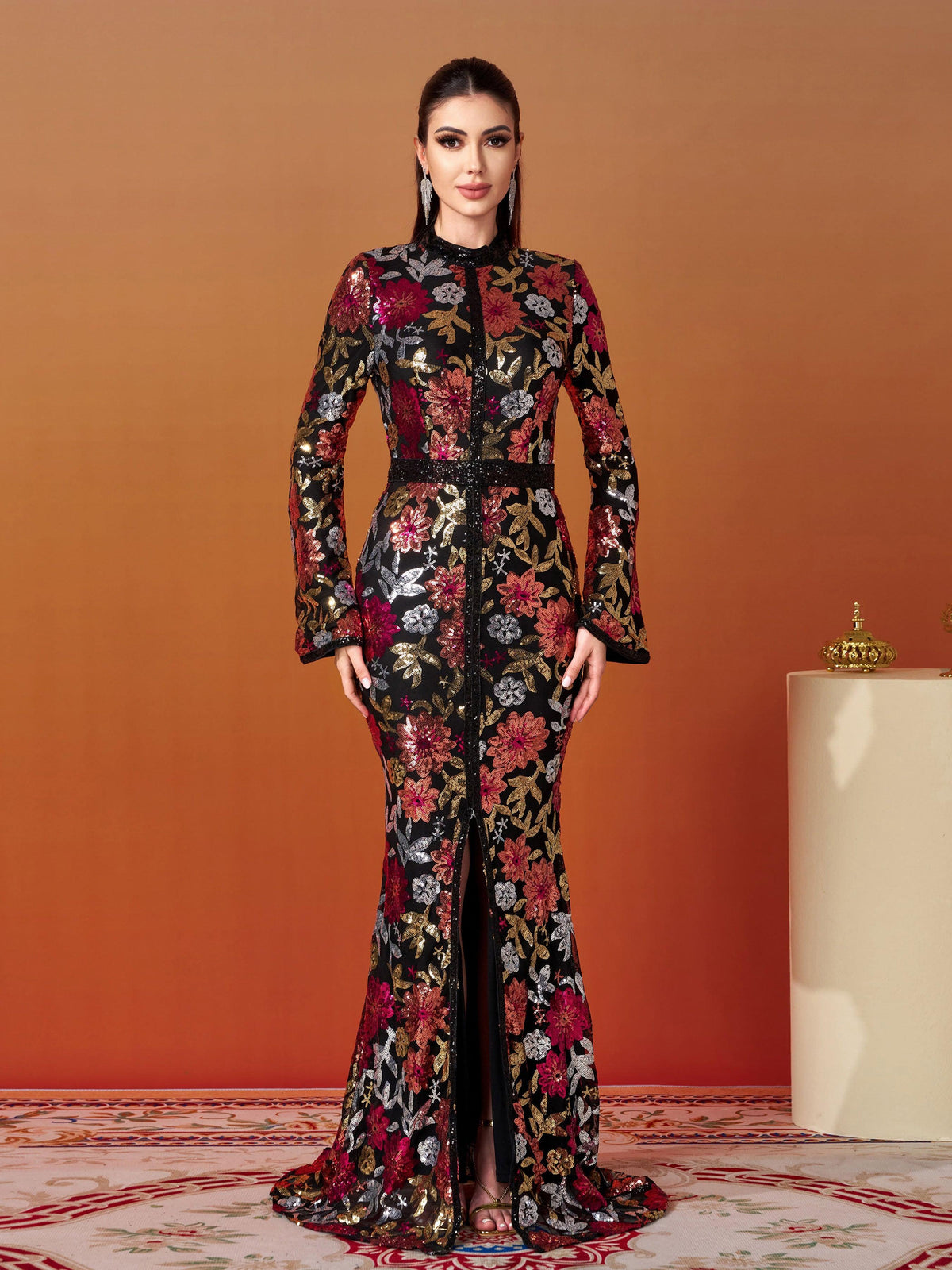 Vintage Floral Sequin Split Formal Dress GM00387