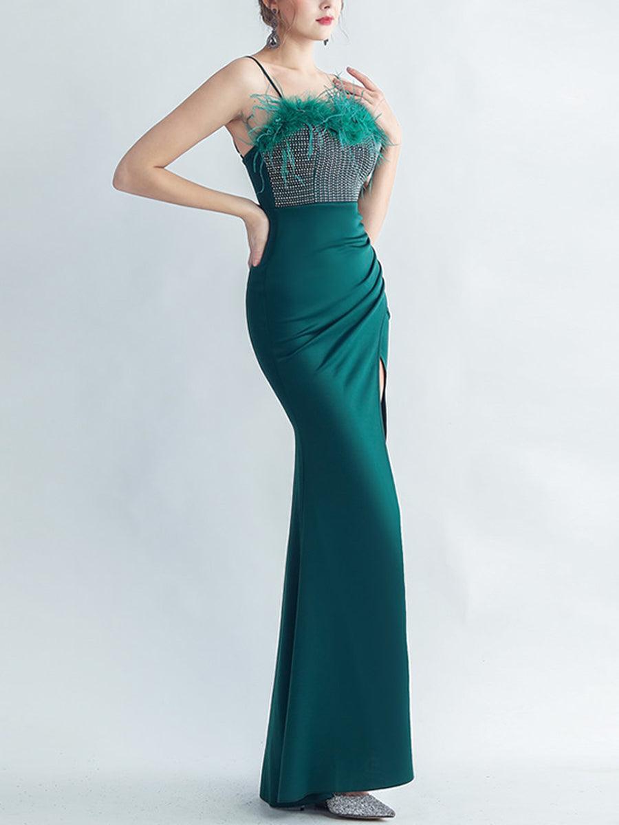 Feather Spaghetti Rhinestone Formal Dress GM90015