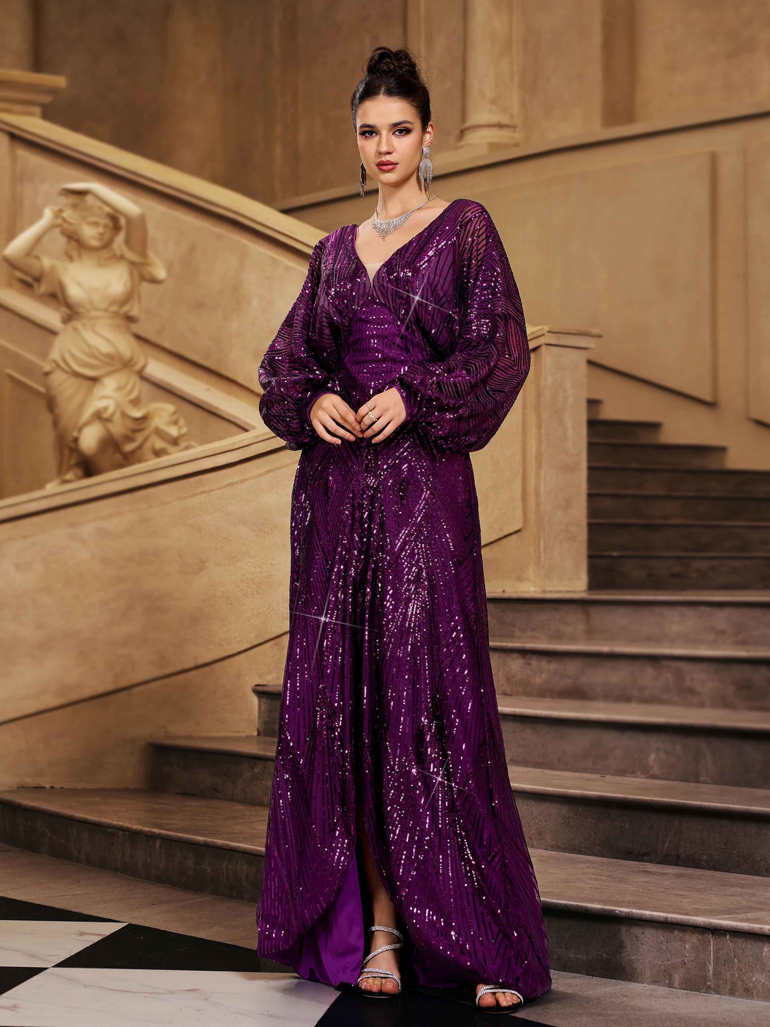 Purple Sequin Loose V-neck Prom Dress MES72183