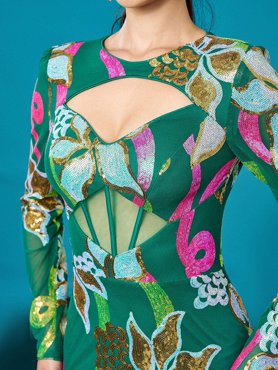 Long Sleeve Corset Cutout Floral Evening Dress DH80214