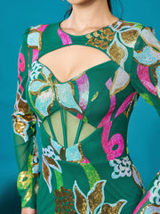 Long Sleeve Corset Cutout Floral Evening Dress DH80214