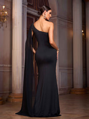 Elegant One Shoulder Hollow High Slit Black Prom Dress GM90181