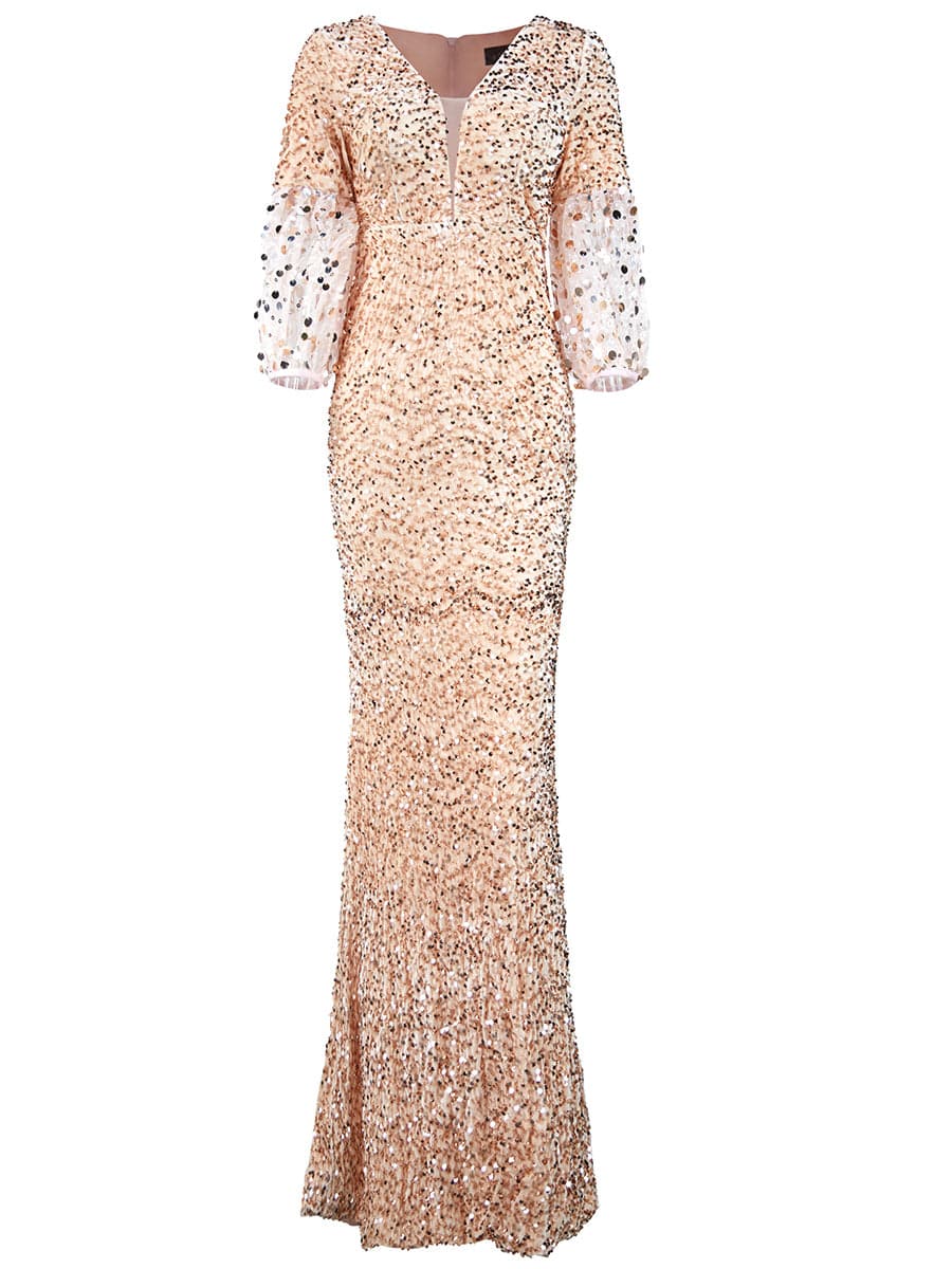 V Neck Lantern Sleeve Sequin Maxi Evening Dress XH2184