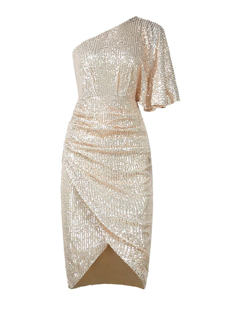 One Shoulder Cape Sleeve Sequin Midi Cocktail Dress XH2024