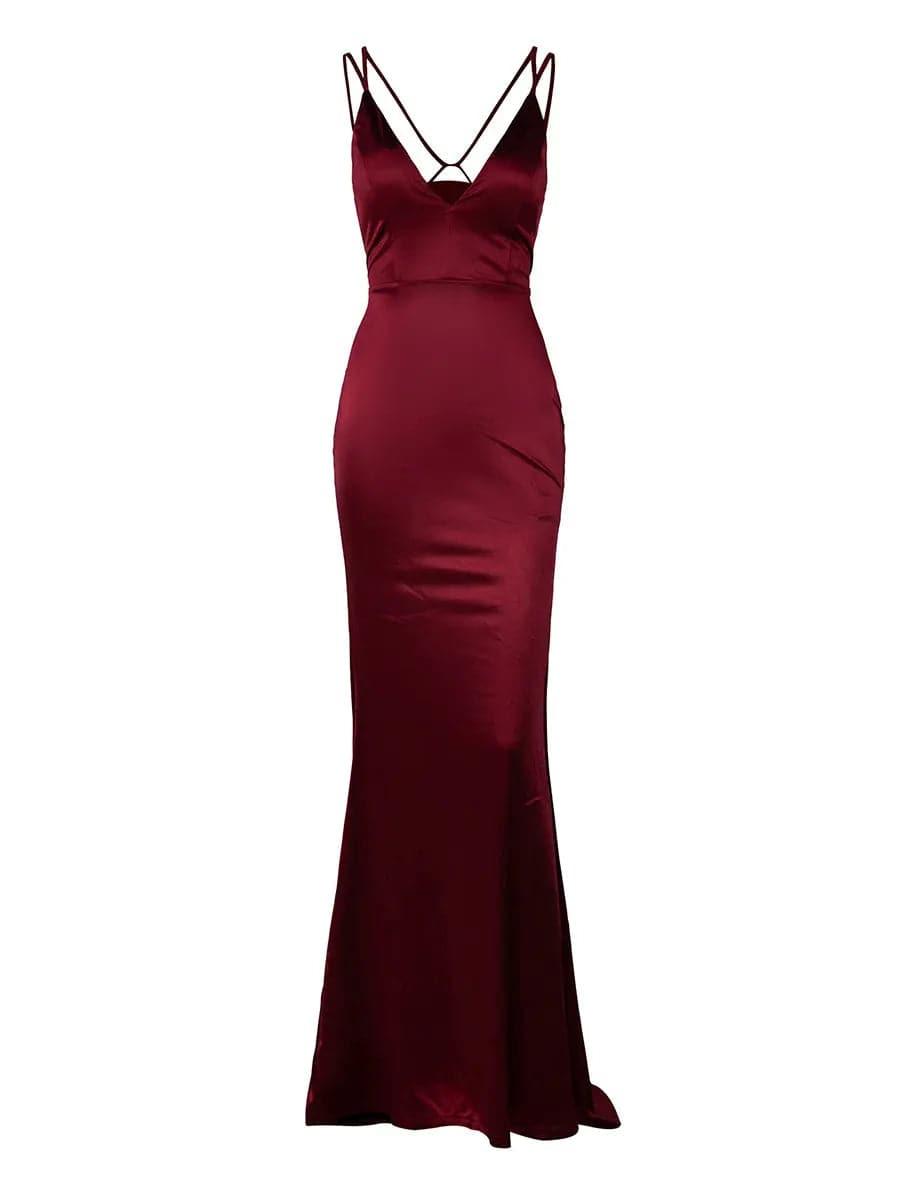 V Neck Spaghetti Strap Lace Up Satin Mermaid Evening Dress M01077