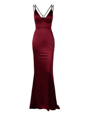 V Neck Spaghetti Strap Lace Up Satin Mermaid Evening Dress M01077
