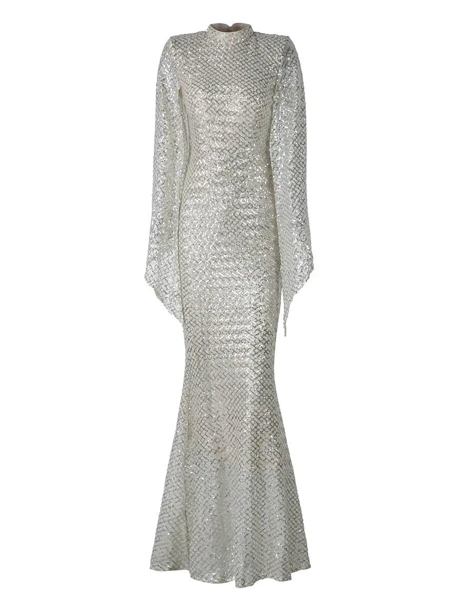 High Neck Sequin Bell Sleeve Mermaid Evening Dress XJ1263