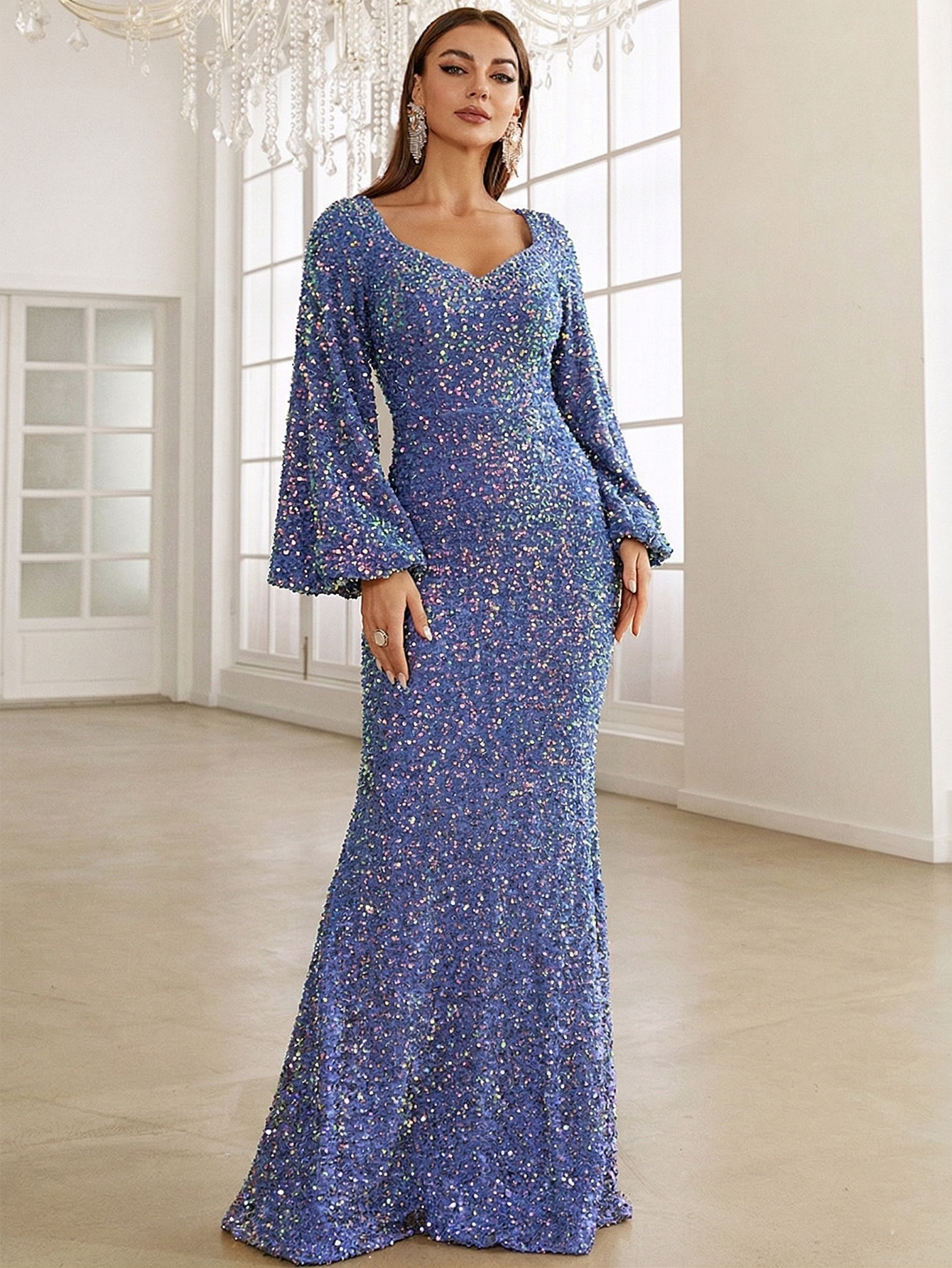 Sequin Bell Sleeve Mermaid Dress M02010