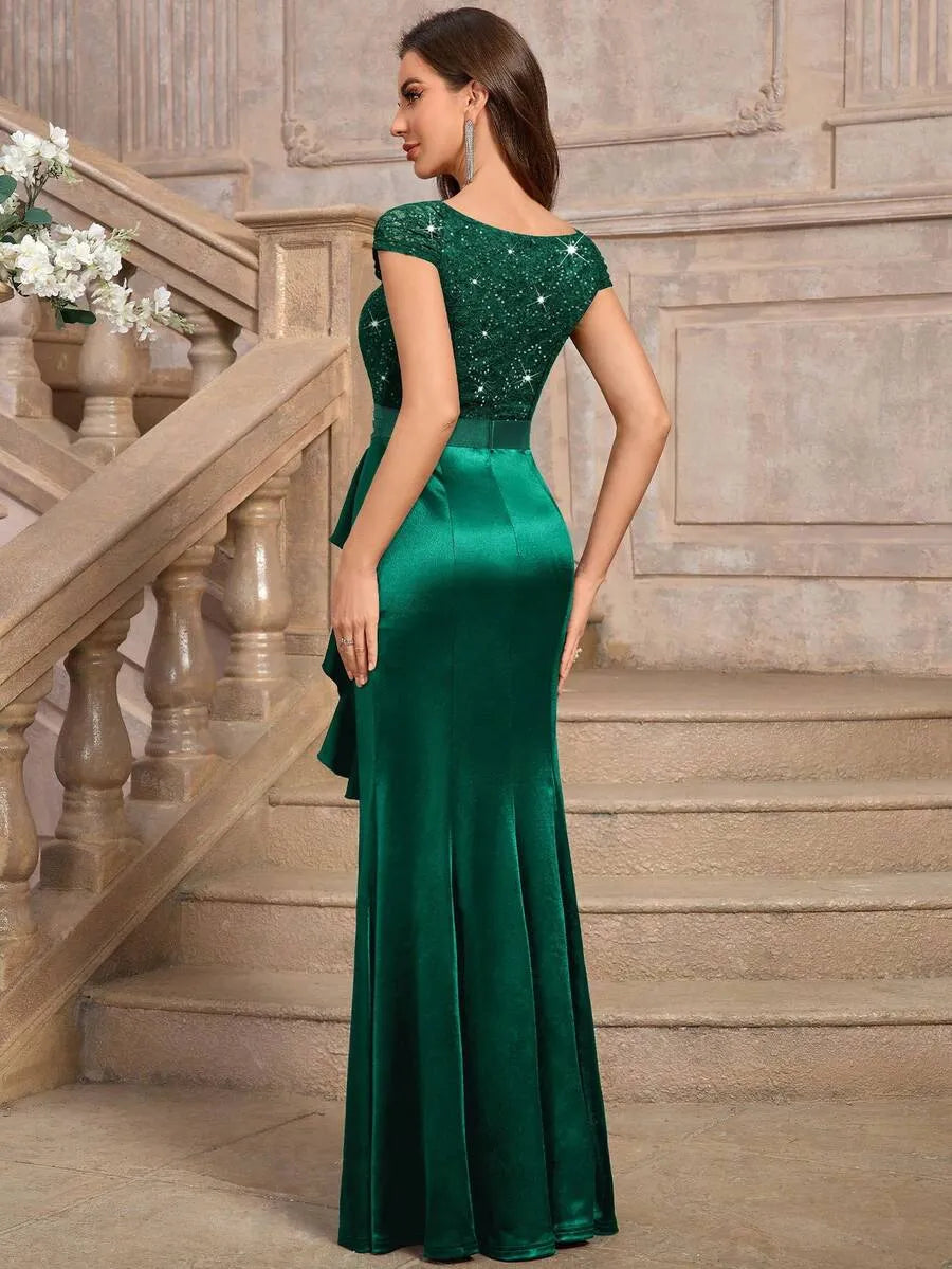 Sweetheart Sequin Lace Satin Mermaid High Slit Evening Dress