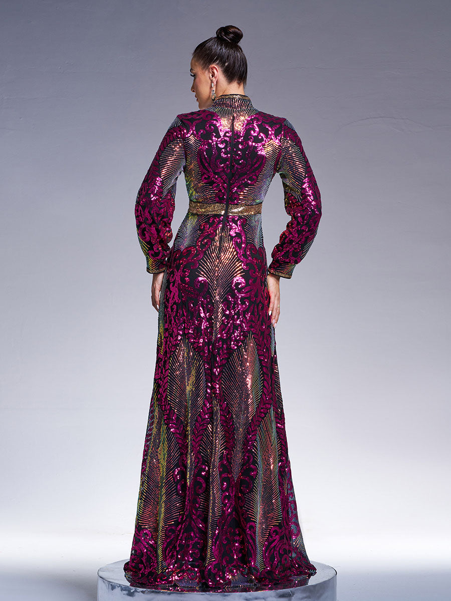 Stand Collar Cutout Sleeve Sequin Abaya Maxi Dress ME00330