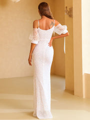 Cold Shoulder Contrast Mesh Puff Sleeve Sequin Wedding Dress M01877