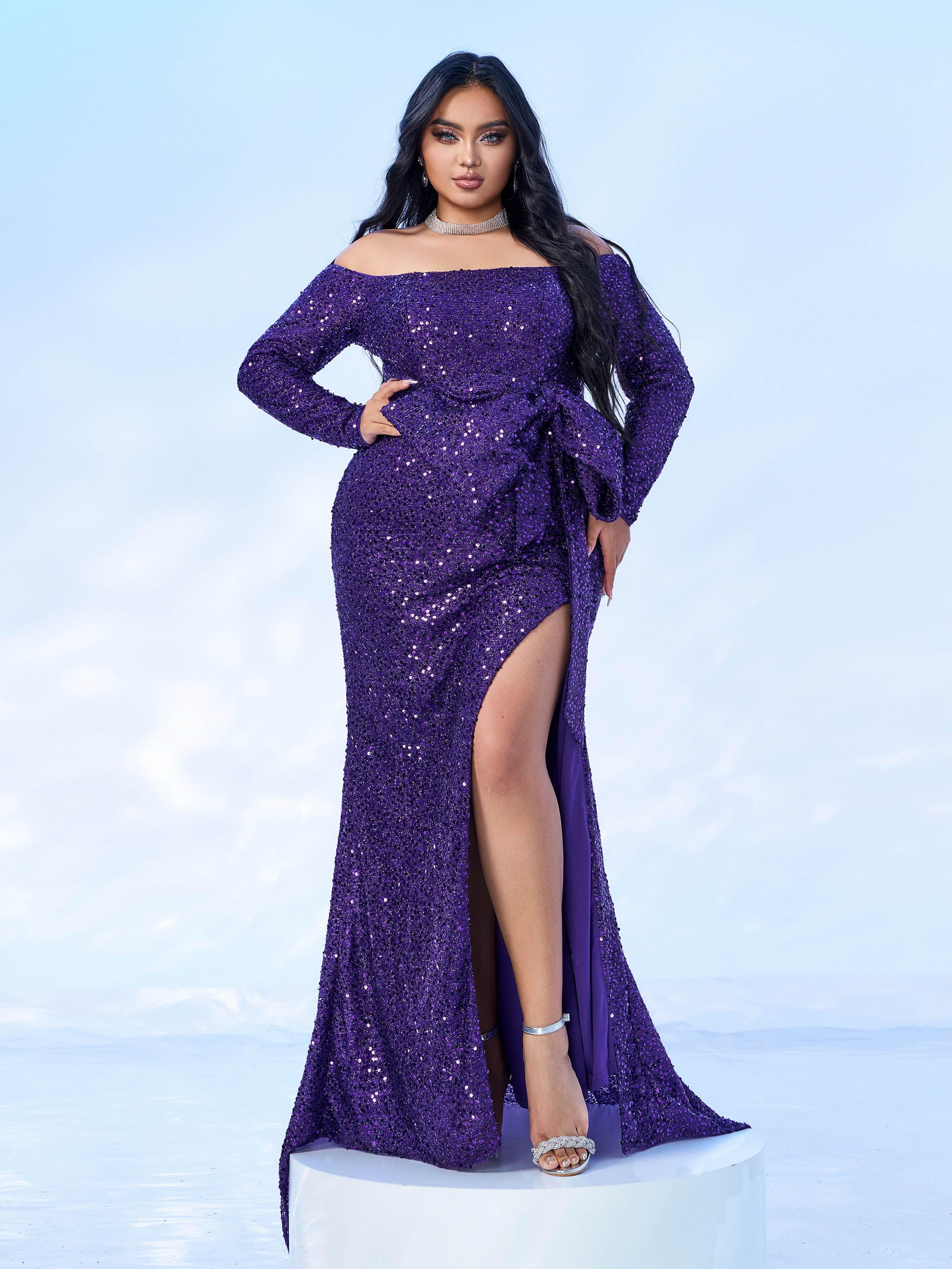 Plus Size Off The Shoulder Bow Knot Split Maxi Evening Dress PXH2122