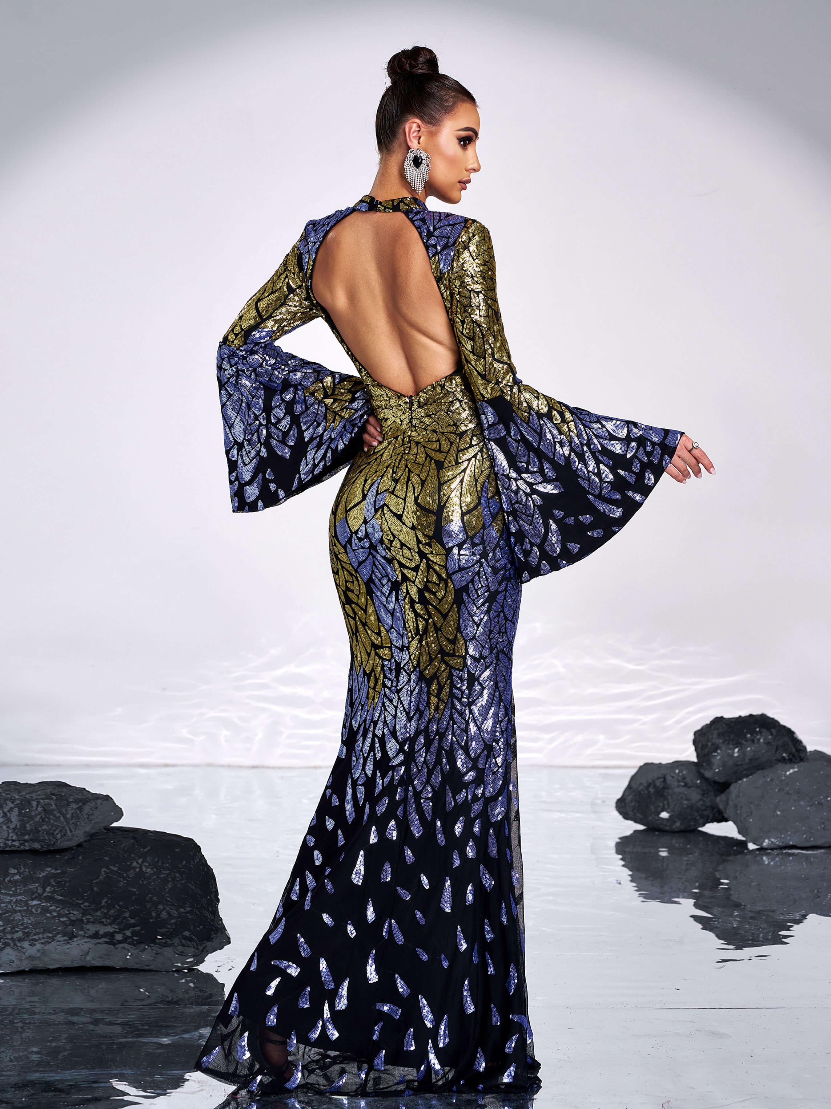 Backless Bell Sleeve Sequin Formal Dress XH2425
