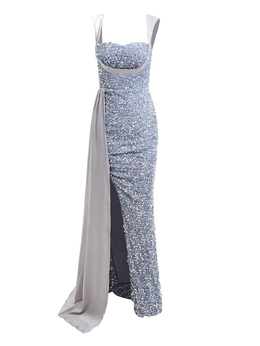 Ribbon Corset Sequin Maxi Prom Dress XH2162