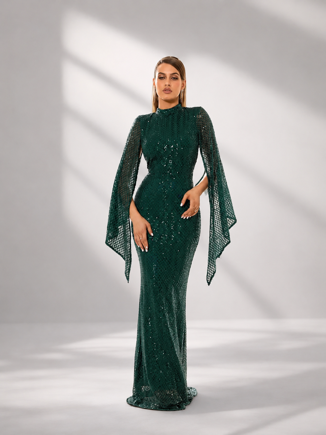 High Neck Sequin Bell Sleeve Mermaid Evening Dress XJ1263