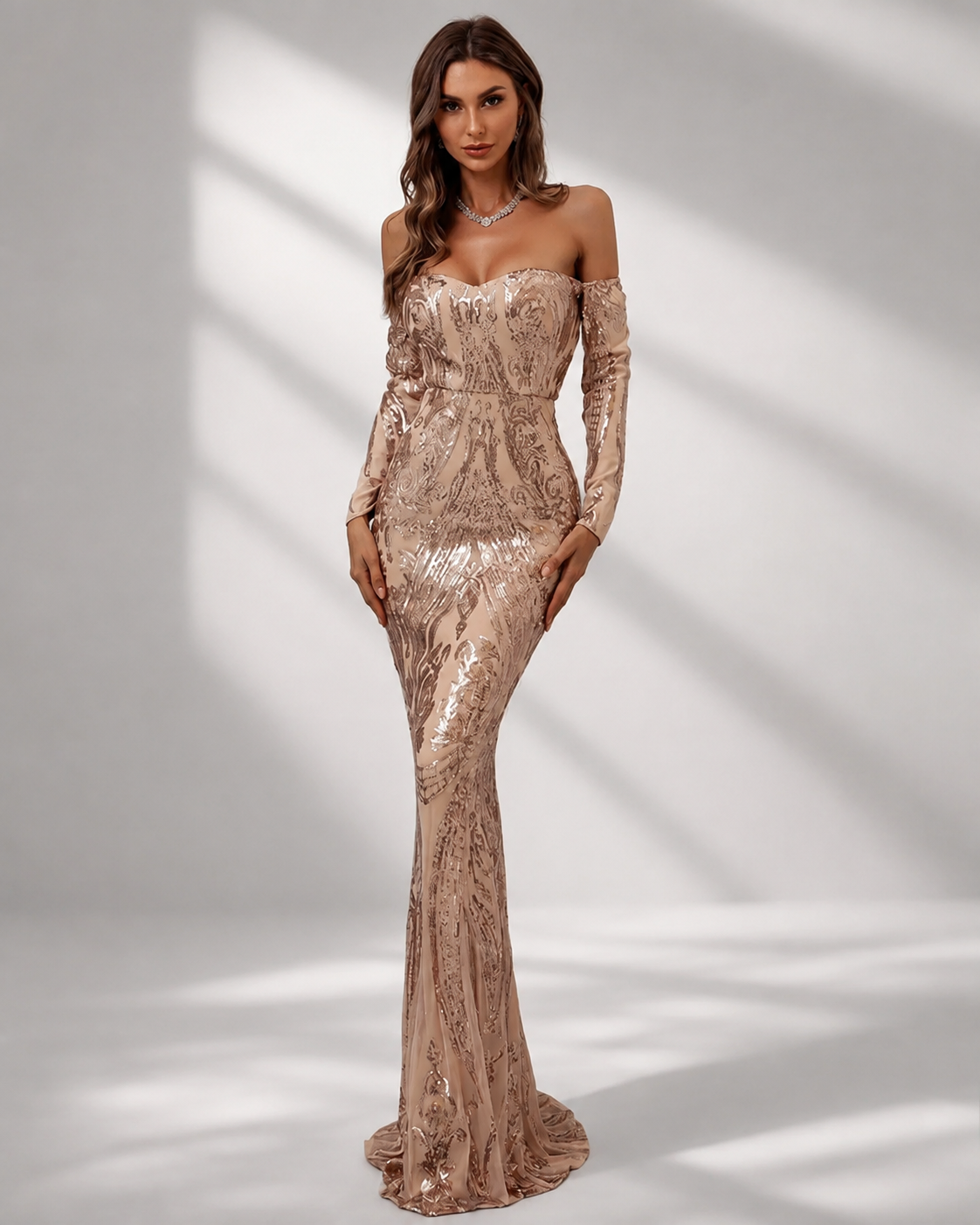 Off Shoulder Long Sleeve Sequin Mermaid Prom Dress FT18392