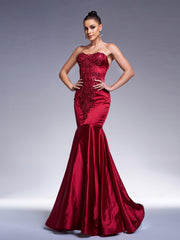 Red Strapless Embroidered Mermaid Evening Dress RX70101