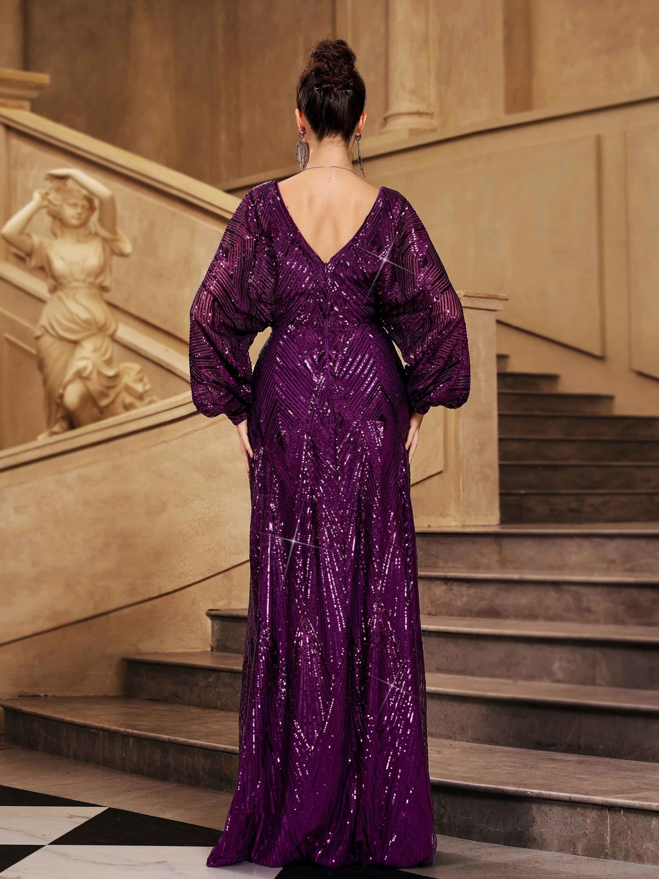 Purple Sequin Loose V-neck Prom Dress MES72183