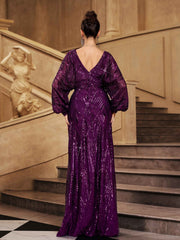 Purple Sequin Loose V-neck Prom Dress MES72183
