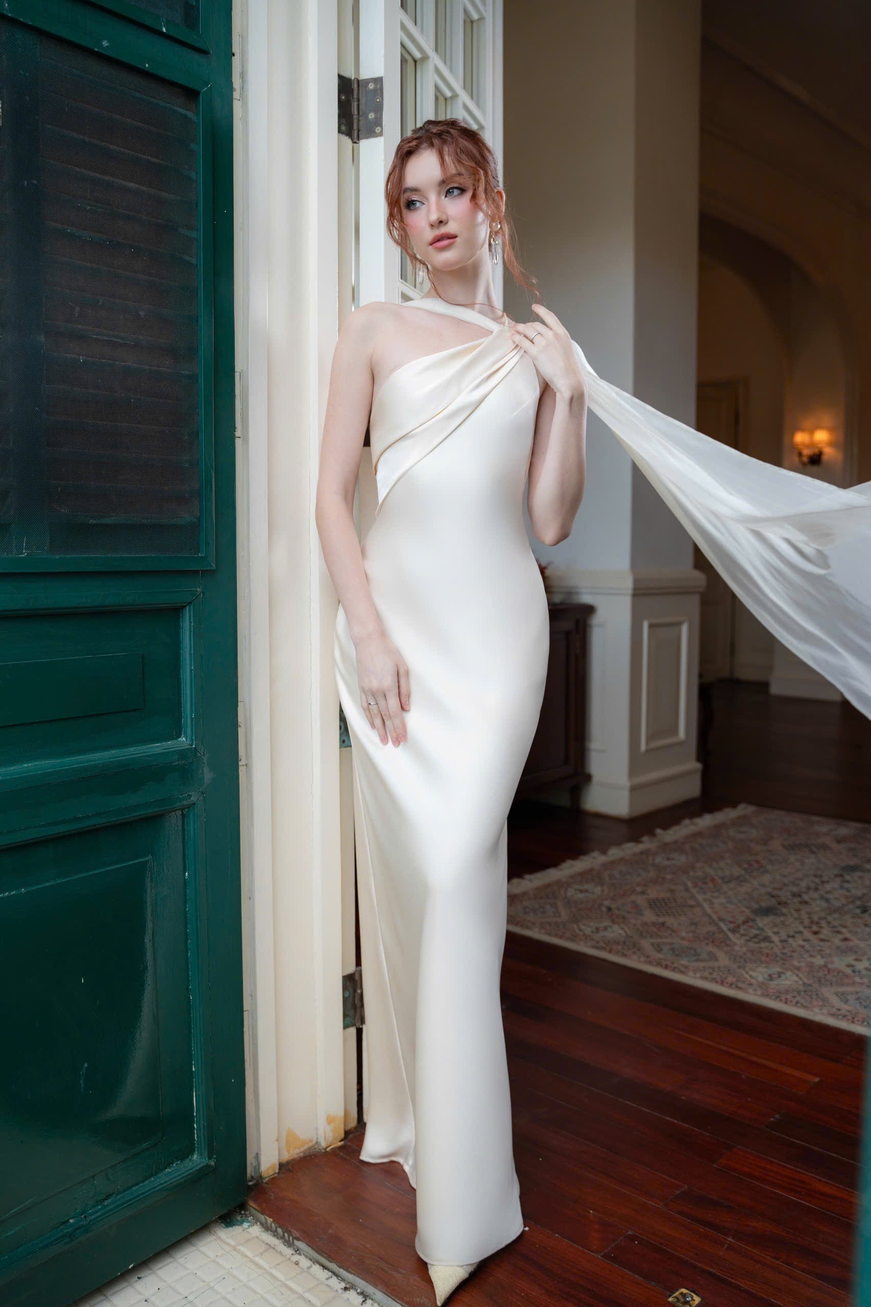 One Shoulder Draped Cape Backless Satin Evening Dress