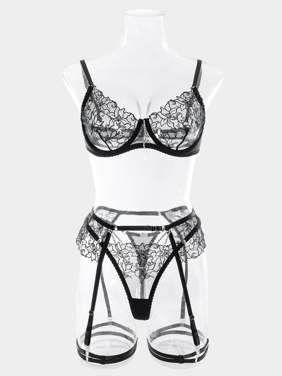 Embroidered Chain Lingerie Three-piece Set MSL045