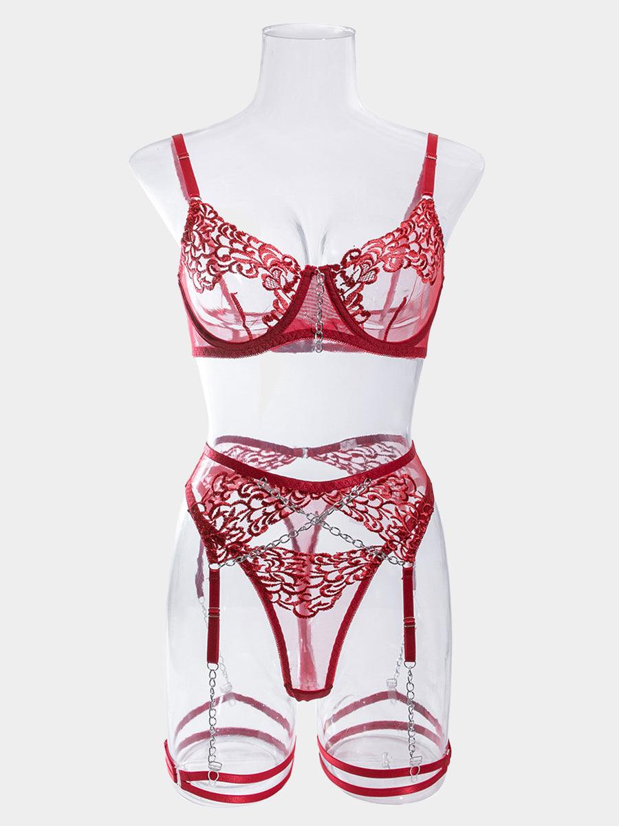 Metal Chain Embroidered Sexy Lingerie 4 Piece Set MSL034