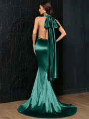 Convertible Halter Deep V Backless Satin Mermaid Dress FT5035