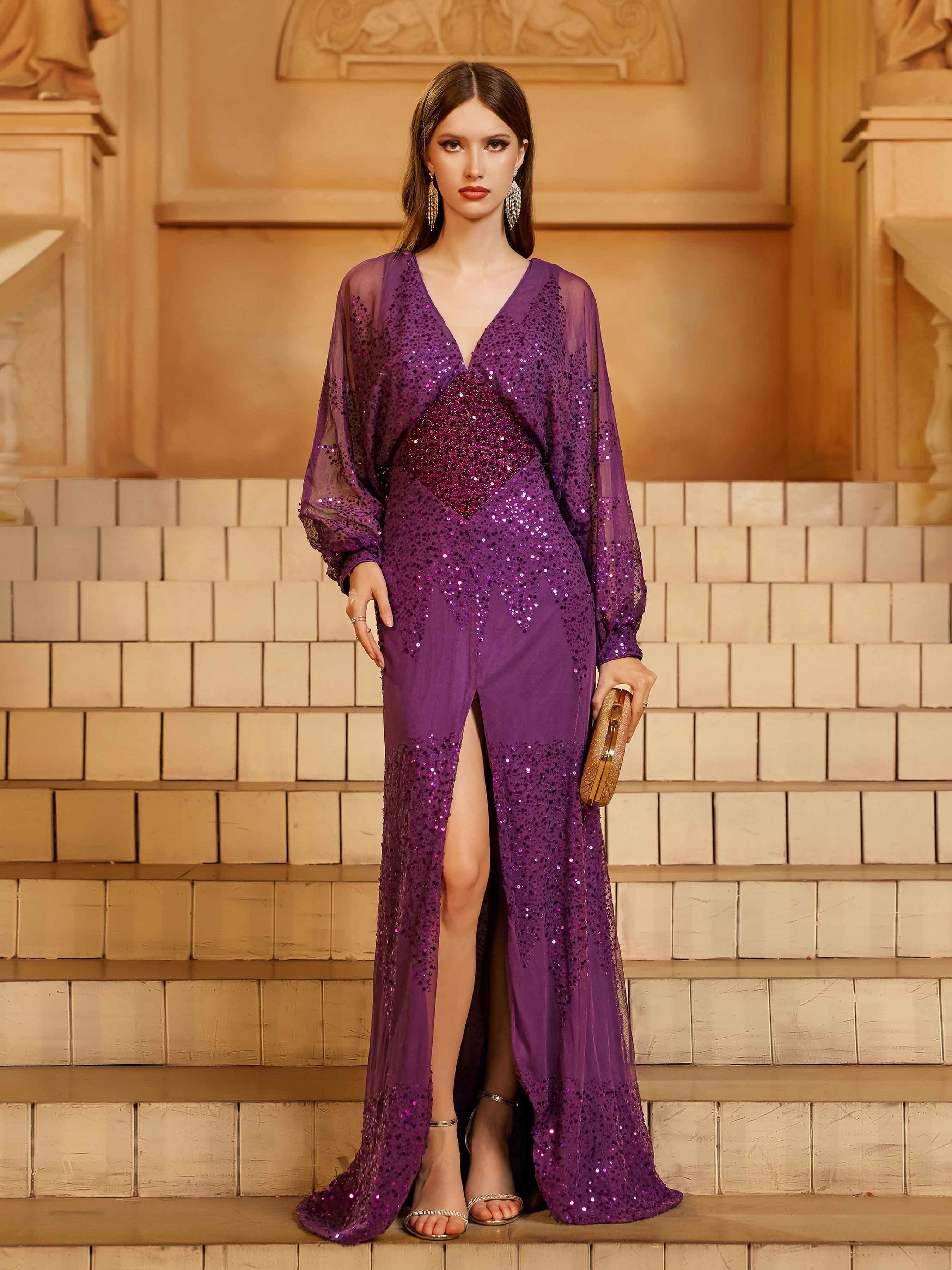 Lantern Sleeve V-Neck High Split Black Prom Dress RM21107