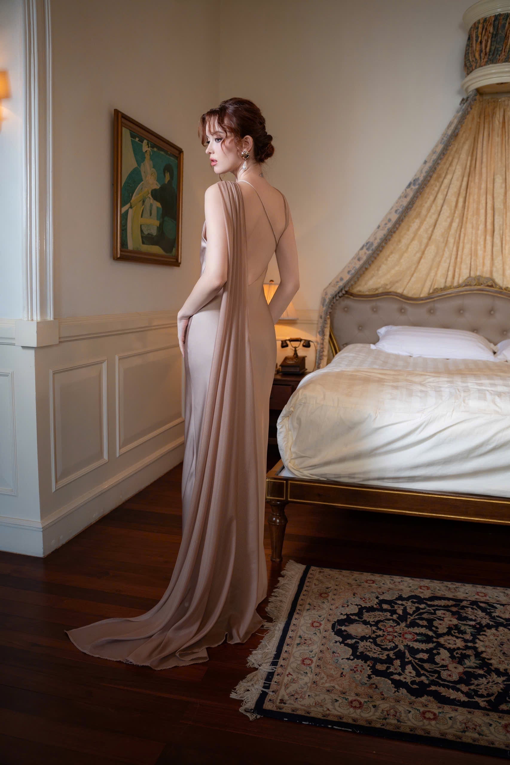 One Shoulder Draped Cape Backless Satin Evening Dress