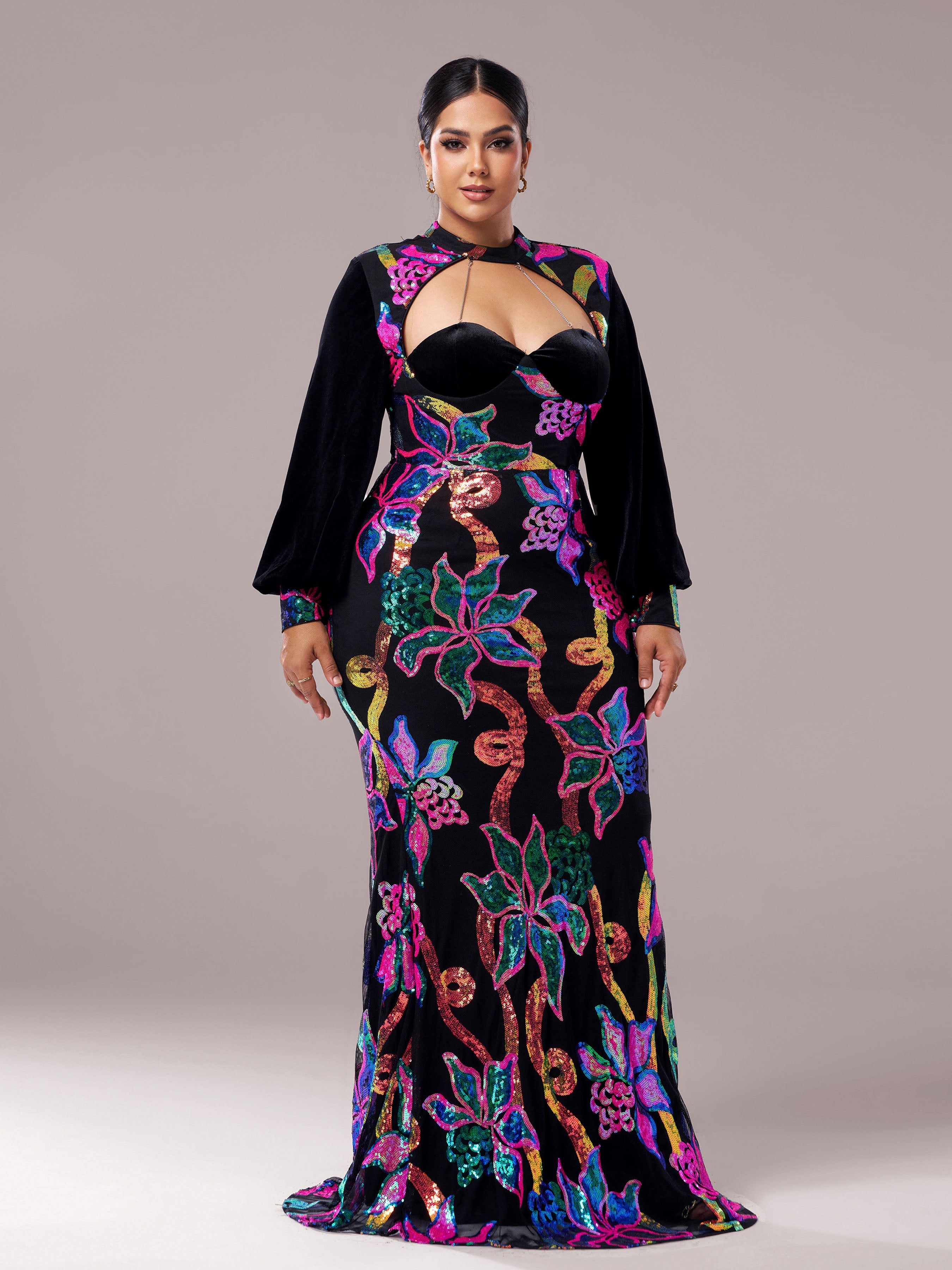 Plus Cutout Lantern Sleeve Mermaid Dress PRJ11296