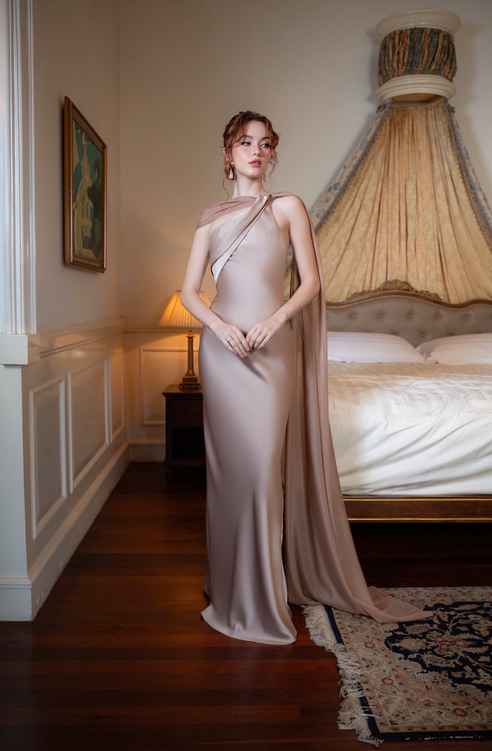 One Shoulder Draped Cape Backless Satin Evening Dress